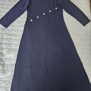 Chic Long Sleeve Navy Dress with Gold Button Accents